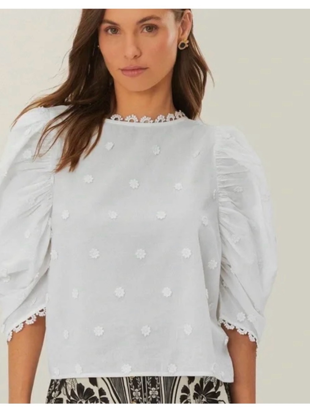 NEW FARM Rio White Embroidered Puff-Sleeve Blouse SIZE Medium